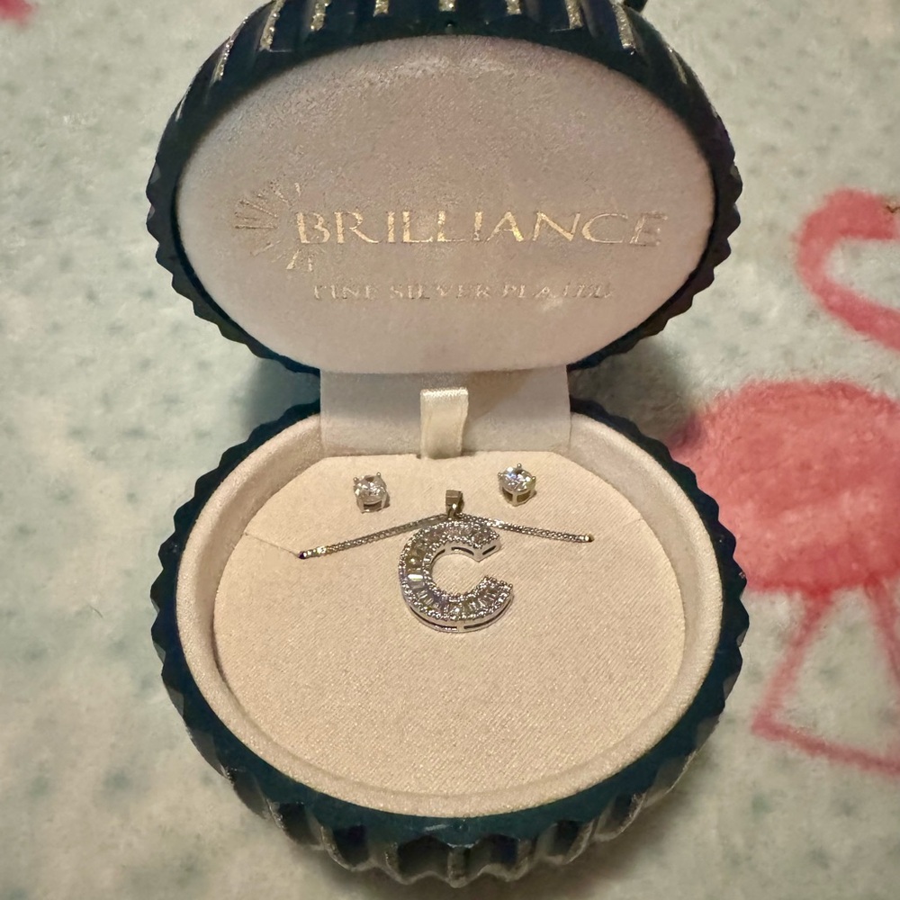 NWT Brilliance “C” Silver Jewelry Set with Earrings and Pendant